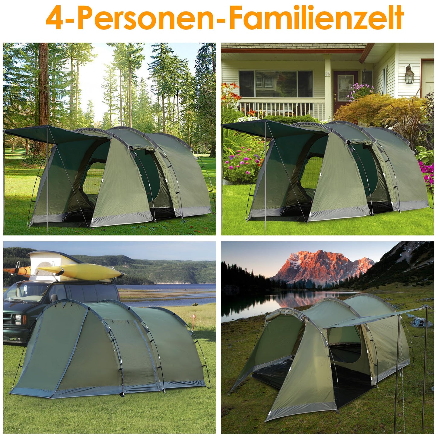 Camping tent for 4 people, 5000mm waterproof tunnel tent. Family tent, group tent, vestibule, sun shade, tipi tent. Large camping tent with sleeping cabin, glamping tent with removable tent floor.