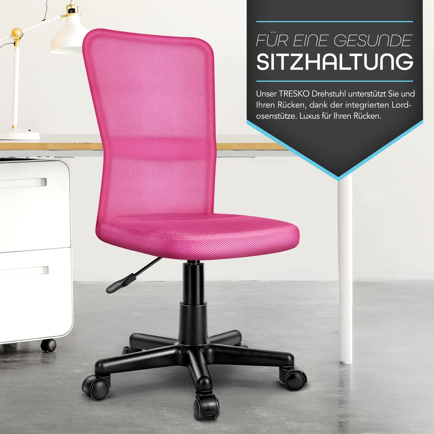 TRESKO office chair desk chair swivel chair, available in 7 color variations, with plastic castors, infinitely height-adjustable, padded seat, lift SGS tested (Pink)