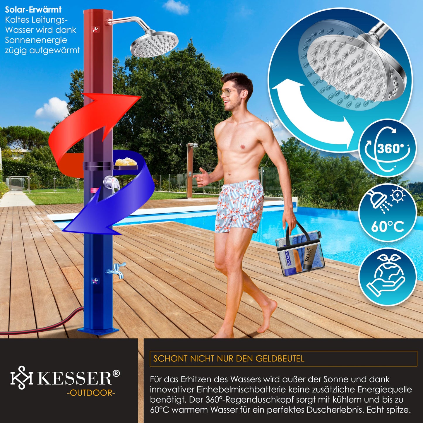 KESSER® 40-liter solar garden shower with metal shower tray & cover | warm water | max. 60°C | no need for electricity | poolside shower for camping | rain shower head and water tap | Black