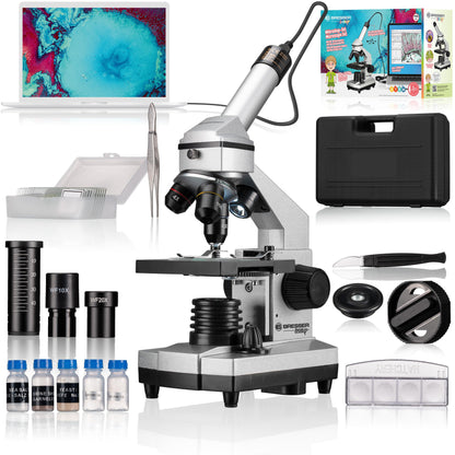 Bresser Junior Microscope Set 40x-1024x with USB camera and bright LED illumination for transmitted light observations, includes comprehensive accessory package and sturdy hard-shell case.