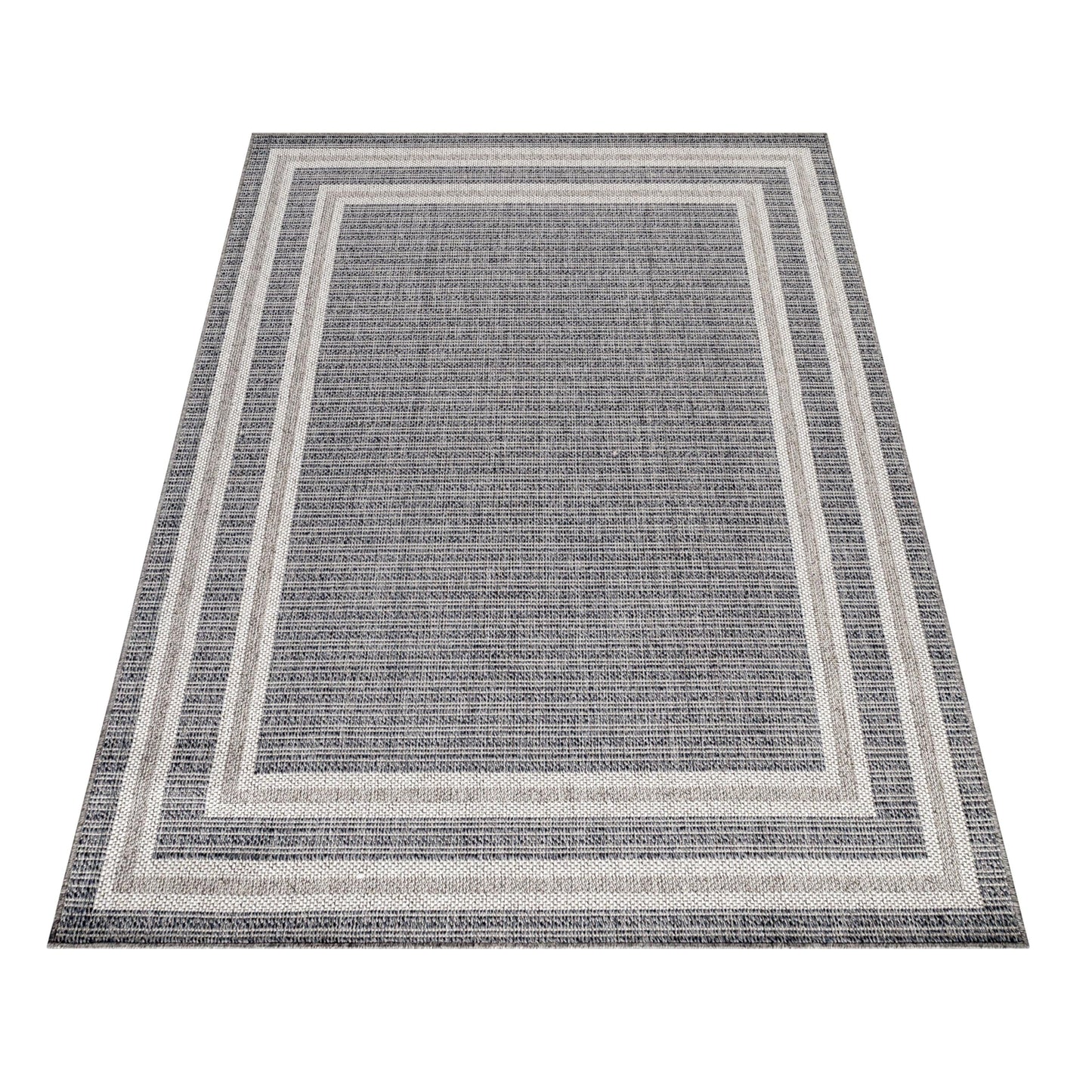 HomebyHome outdoor rug in grey, 60x100 cm. Ideal for kitchen, patio, balcony, garden, camping, living room, and bedroom. Border design, made of polypropylene with 7mm flatweave construction. Easy to care for.