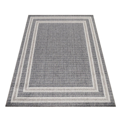 HomebyHome outdoor rug in grey, 60x100 cm. Ideal for kitchen, patio, balcony, garden, camping, living room, and bedroom. Border design, made of polypropylene with 7mm flatweave construction. Easy to care for.