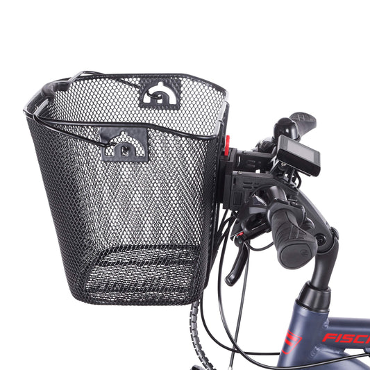 Fischer E-Bike handlebar basket with quick attachment, specifically designed for E-Bikes, carrying capacity of 5kg, suitable for all common displays with a width of 9 cm, including Bosch displays, black.