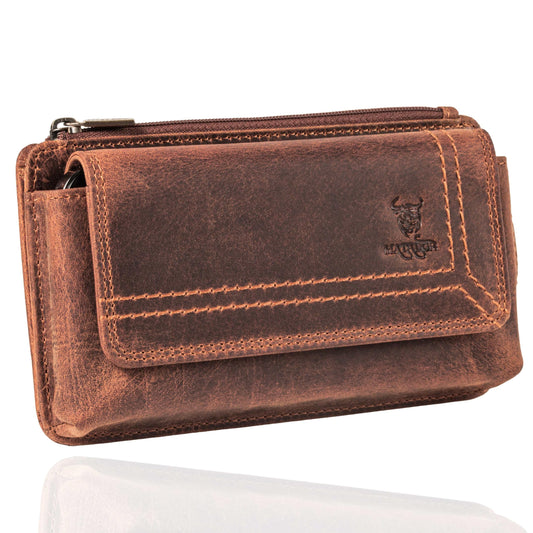 MATADOR 2in1 genuine leather phone case belt with zipper pocket #Brisbane, with elegant gift box and RFID protection. Stylish leather phone belt for smartphones up to 6.9 inches in Vintage Brown.
