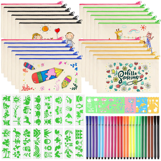 Votoko 24 Pack DIY Fabric Pencil Case, Canvas Pencil Case for Painting, Pouch for Painting, 24 Colored Pencils, 20 DIY Painting Stencils, DIY Blank Fabric Bag for Cosmetic Bag Painting 21x12 cm.