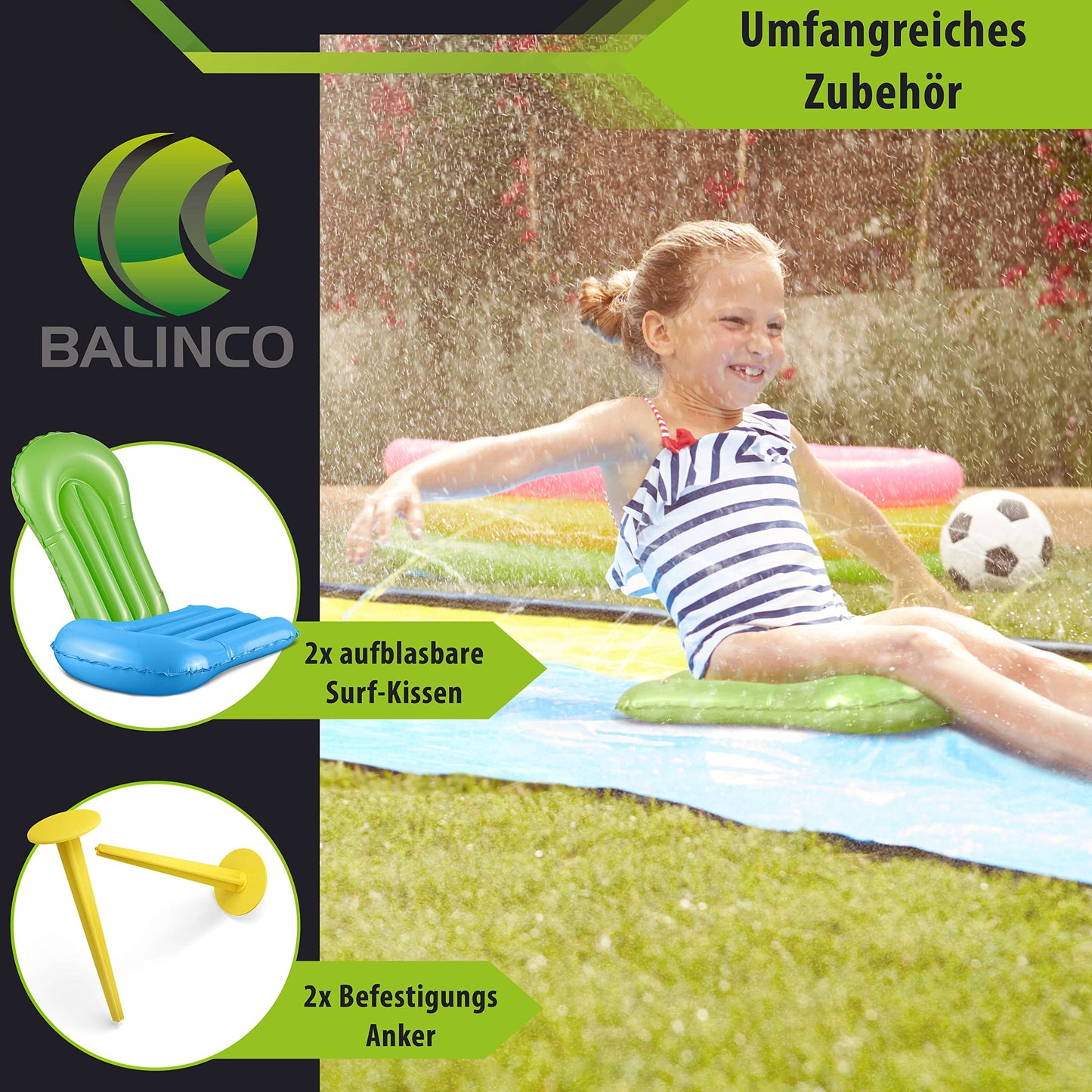 Balinco - Double water slide 4.80 x 1.40 m with 2 surf cushions & anchoring pegs - Large water slide for garden & outdoor - Sprinkler slip mat for children & adults - Water toy for summer.