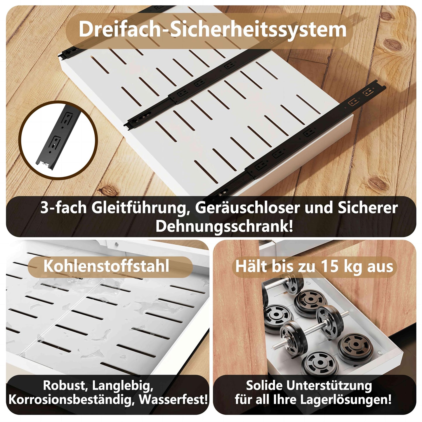 WISD Telescopic Drawer - Pull-Out Cabinet Organizer With 3 Rails - No Drilling - Adjustable Width (32-48cm) - Cabinet Drawers Pull-Out for Kitchen, Pantry, Bathroom (White, 2 Pieces)