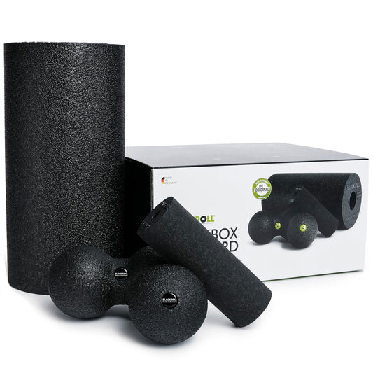 BLACKROLL® BLACKBOX fascia rollers for self-massage: Set includes STANDARD and MINI fascia rollers, BALL 08 fascia ball, and DUOBALL 08 for effective training. Made in Germany.