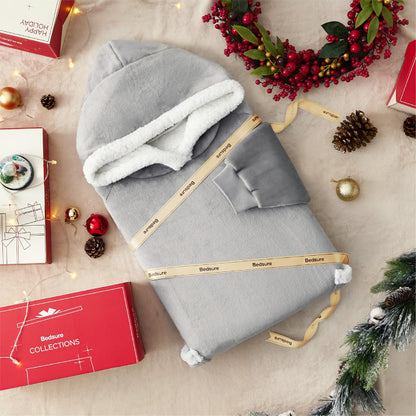 BEDSURE Hooded Blanket with Sleeves - Sherpa Sleeved Blanket Hoodie for Women, Grey, 110x90cm. Perfect gifts for women.