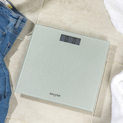 Salter 9037 SVGL3R bathroom scale with glitter, digital personal scale, tempered glass platform, easily readable, instant weight measurement, glass scale, 180kg capacity, body scale, Silver.
