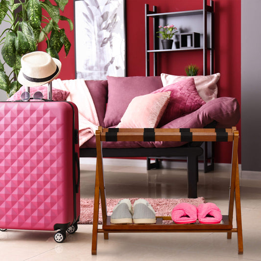 Relaxdays folding luggage rack, suitcase stool wood, H x W x D 54.5 x 66 x 44.5 cm, 2 shelves, suitcase storage hotel, natural 10029975_126