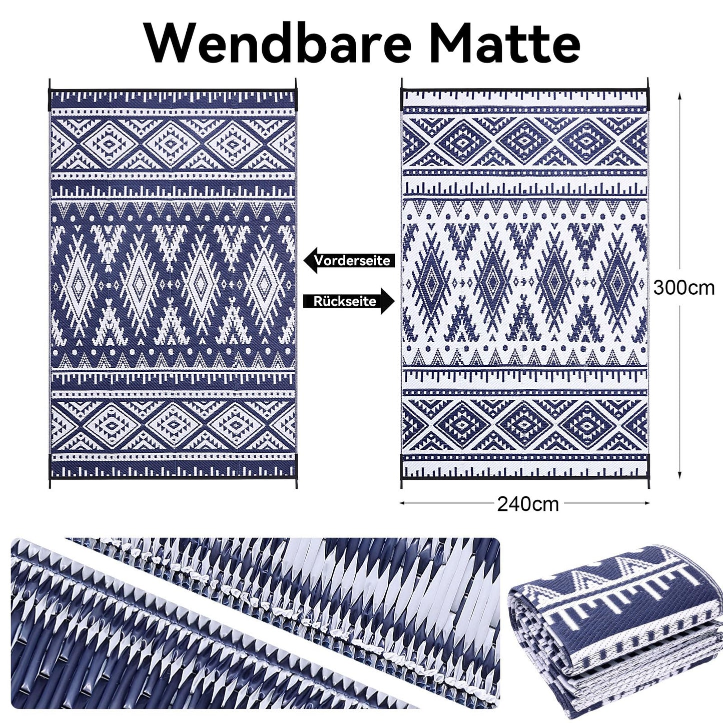 Homaxy outdoor rug weatherproof, plastic straw foldable washable UV-resistant reversible balcony garden rug for patio camping picnic (240 x 300 cm, navy blue & white)