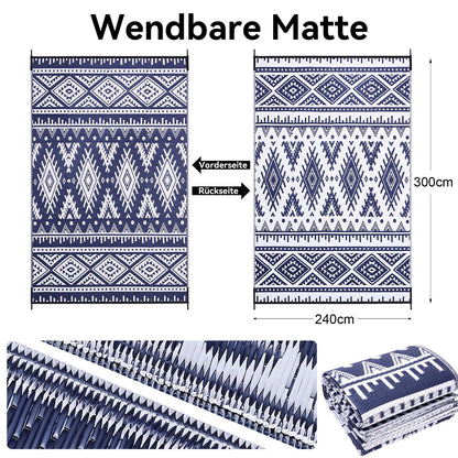 Homaxy outdoor rug weatherproof, plastic straw foldable washable UV-resistant reversible balcony garden rug for patio camping picnic (240 x 300 cm, navy blue & white)