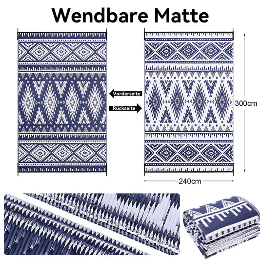 Homaxy outdoor rug weatherproof, plastic straw foldable washable UV-resistant reversible balcony garden rug for patio camping picnic (240 x 300 cm, navy blue & white)