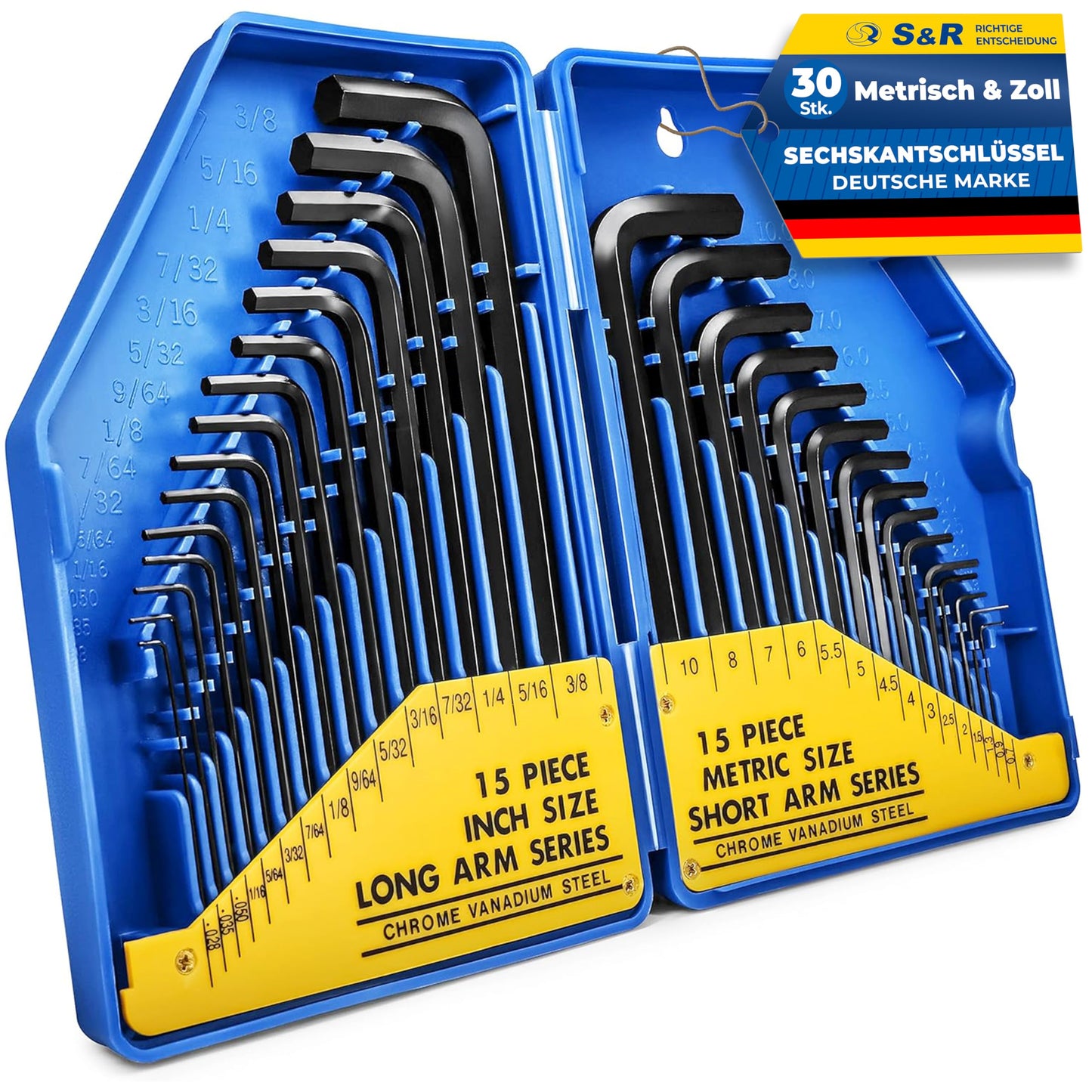 S&R Hex Key Set, 30 pieces, CrV steel, metric 0.7-10 mm & inch 0.028 to 3/8; Hex set precise, durable & robust for bicycle, automotive & furniture assembly, Allen key set.