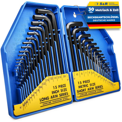 S&R Hex Key Set, 30 pieces, CrV steel, metric 0.7-10 mm & inch 0.028 to 3/8; Hex set precise, durable & robust for bicycle, automotive & furniture assembly, Allen key set.
