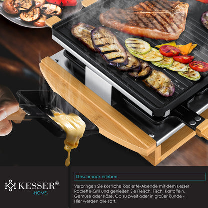 KESSER® Raclette grill with natural stone grill plate, tabletop grill for 8 people, electric raclette grill with non-stick coating grill plate, 8 pans and wooden spatula 1200W