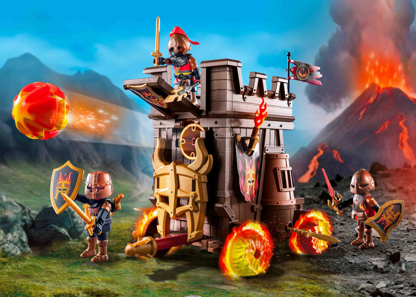 PLAYMOBIL Novelmore 71643 Attack Vehicle with Fire Cannon, featuring three Burnham Raiders knights, includes various accessories for exciting battles, action-packed toy for children aged 4 and up.