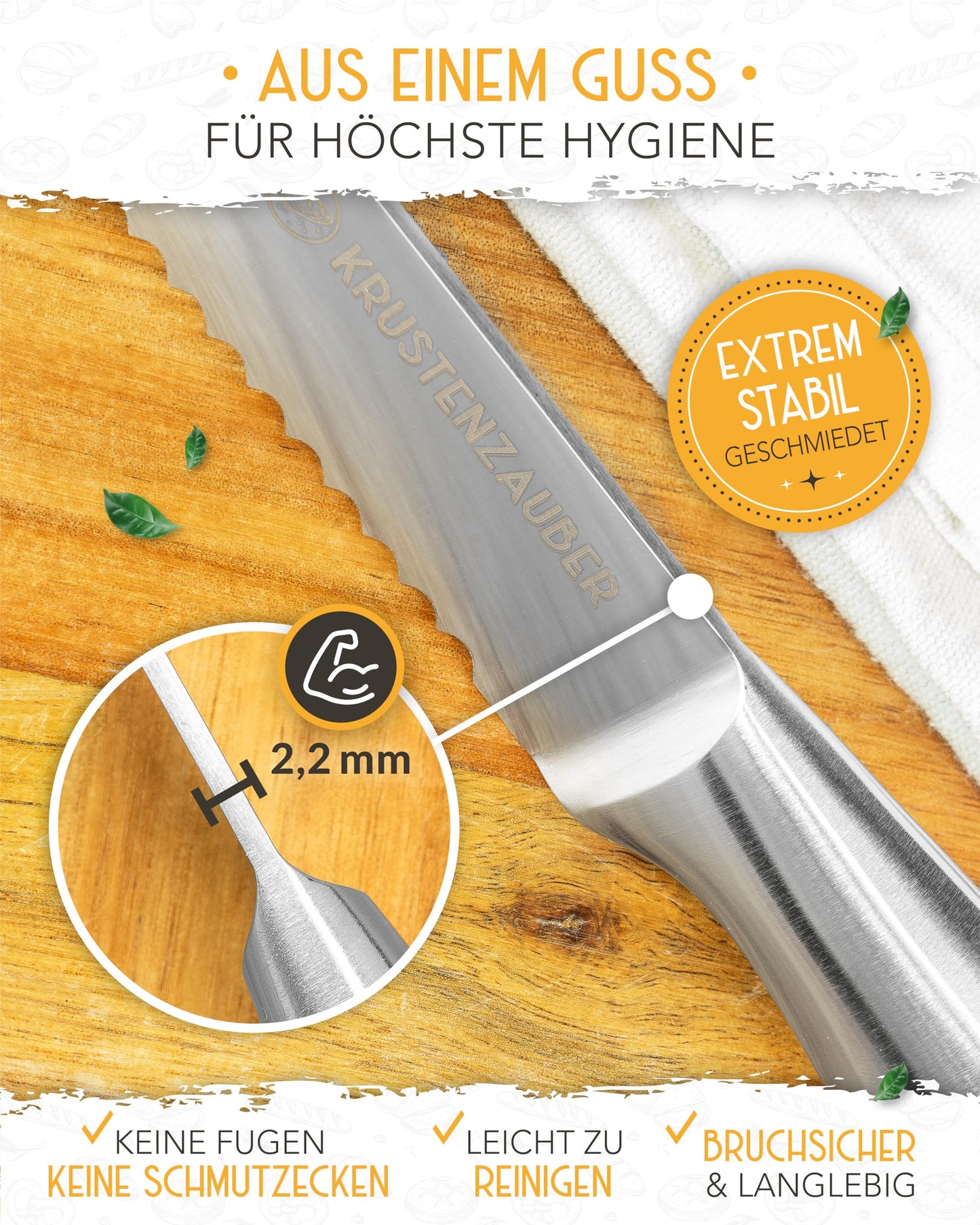 "KRUSTENZAUBER 26cm bread knife with serrated edge - Sharp bread cutting knife made of stainless steel for precise and effortless bread slicing, cutting knife for bread, kitchen knife and serrated knife"