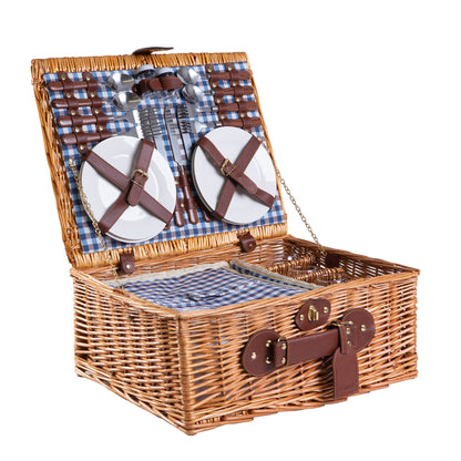 Enjoy Willow Wicker Picnic Basket for 4 with Cooler & Picnic Accessories - Tableware, Cutlery, Wine Glasses - Gift Idea for Camping, Outdoor & Family - BLUE
