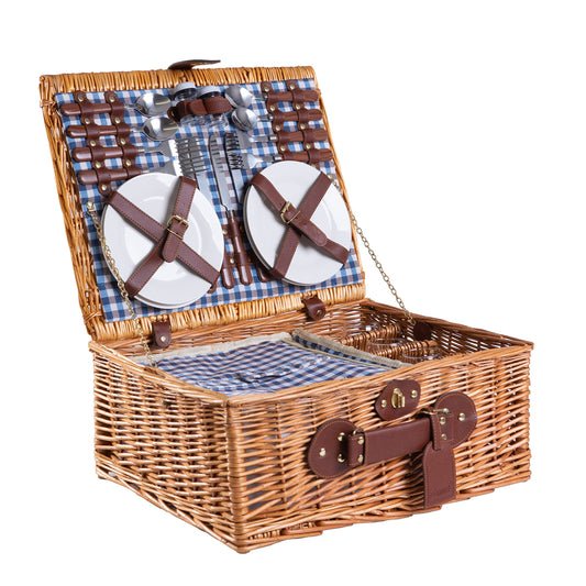 Enjoy Willow Wicker Picnic Basket for 4 with Cooler & Picnic Accessories - Tableware, Cutlery, Wine Glasses - Gift Idea for Camping, Outdoor & Family - BLUE