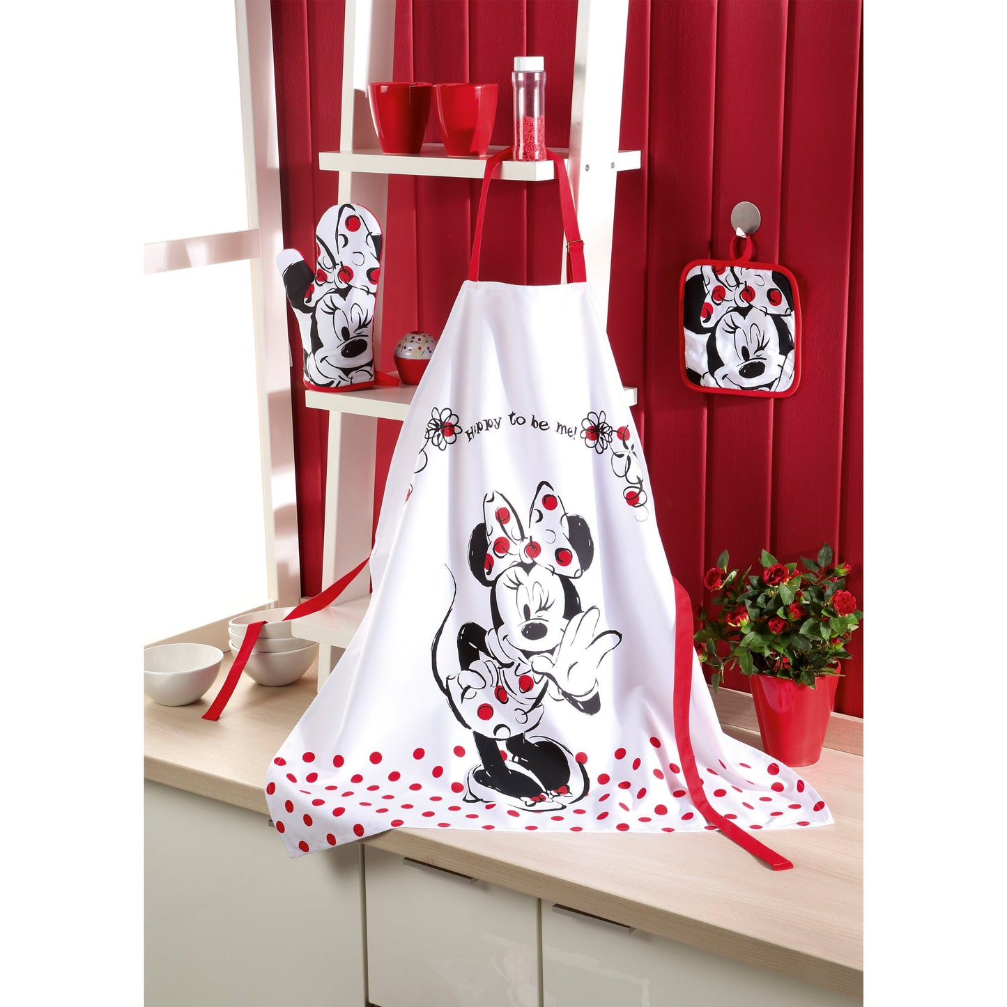 Gift idea for Walt Disney Minnie Mouse fans: apron set with Minnie Mouse mini apron. 65% polyester/35% cotton.