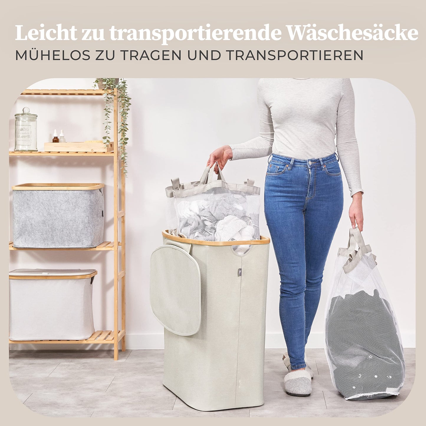 Henno's Laundry Box 150L - Laundry Basket 3 Compartments - Lid - Laundry Sorter with Laundry Bag - Laundry Baskets - Beige Bamboo - Laundry Bin - Laundry Sorting System - Laundry Collector