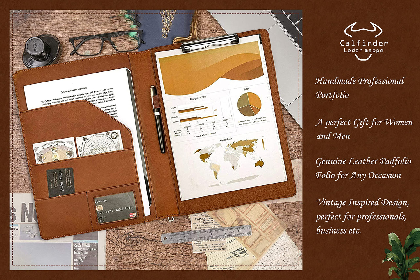 Calfinder A4 leather writing pad, slim leather conference folder with A4 pad, clipboard folder document holder with A4 clipboard, file folder for office school/work colleagues, gift, brown.
