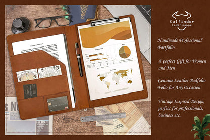 Calfinder A4 leather writing pad, slim leather conference folder with A4 pad, clipboard folder document holder with A4 clipboard, file folder for office school/work colleagues, gift, brown.