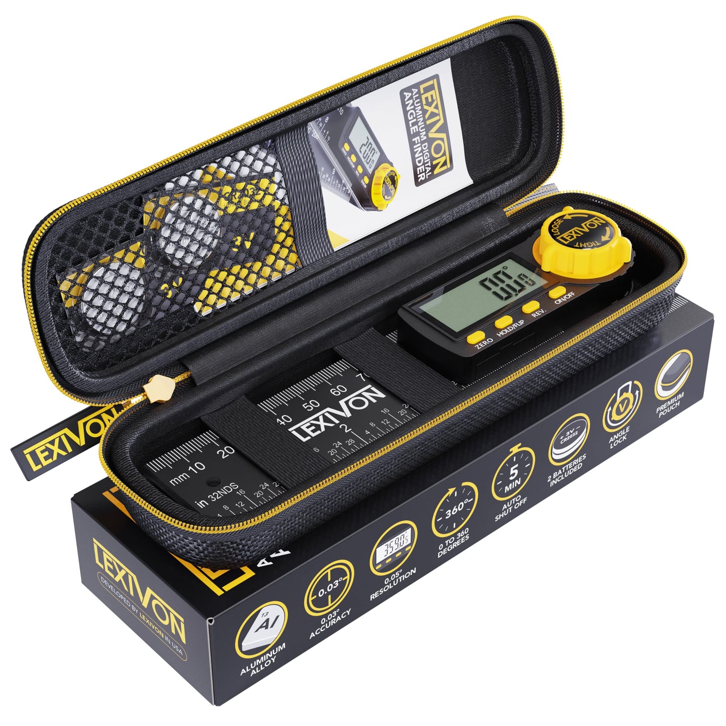LEXIVON Digital Protractor made of aluminum, 130mm, Digital Angle Finder Multi-Purpose Angle Measuring Tool, includes XL display and durable zippered pouch (LX-DAF5)