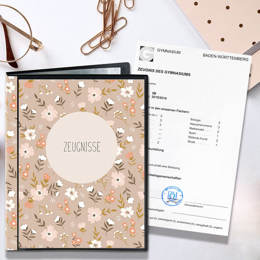 Minilino report folder with 20 premium transparent sleeves A4 size. Protect and store certificates/documents from elementary school. Folder designed for girls (pink flower meadow).