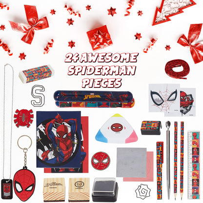 Marvel Spiderman Advent calendar 2025 for kids and teenagers with school supplies, pencils, keychains, stamps, and toys. Great gift idea! (Spiderman Multicolor)