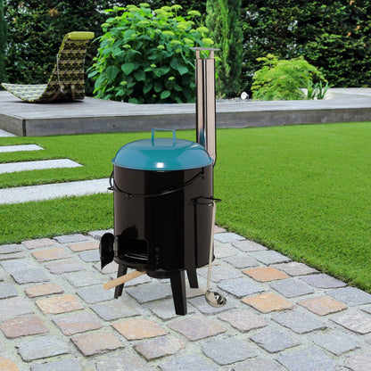 Relaxdays Goulash Cannon, enameled, goulash cauldron with lid, 14 liters, with grill grate, outdoor field kitchen, black/blue.