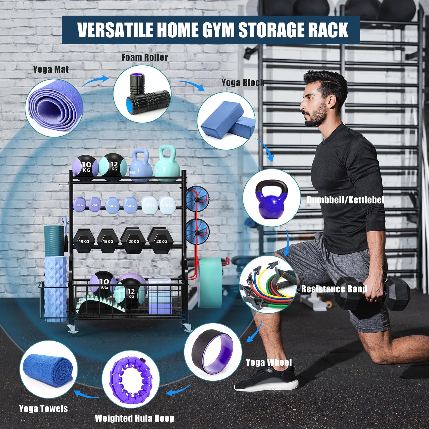 ZACHVO Barbell Rack - Home Gym Storage Weight Stand with 360° Wheels, 8 Hooks, Yoga Mat & Equipment Storage, Space-Saving Fitness Organizer for Dumbbells, Kettlebells, Yoga Blocks &.