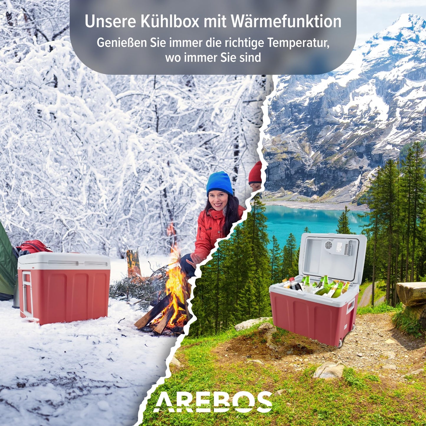 Arebos 40 liter cooler | for cooling & keeping warm | mini fridge | portable fridge with ECO mode | 12/230 V for car & socket | electric cooler | cooler bag | insulated bag | red