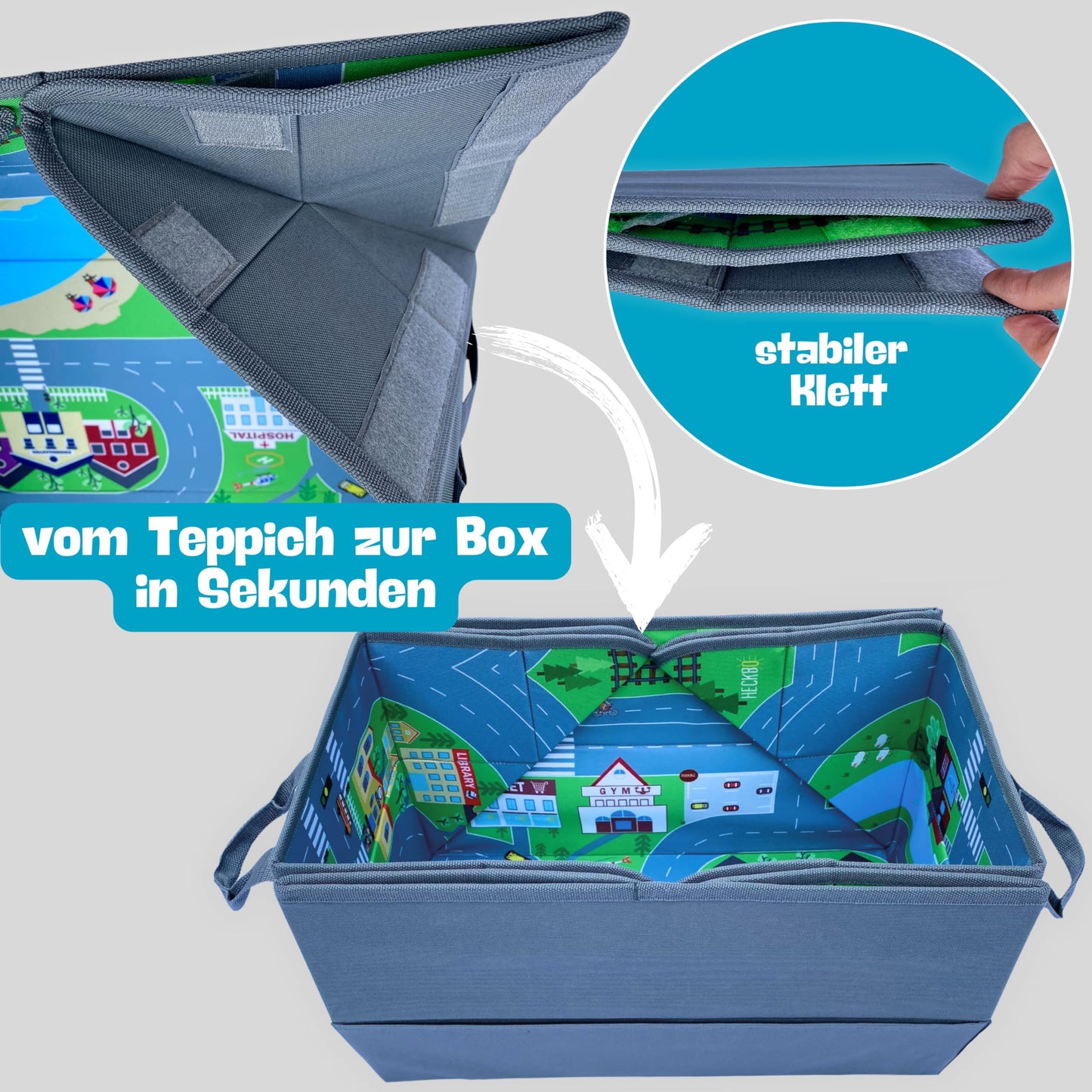 HECKBO 4-in-1 Car Organizer and Play Mat - Kids Toy Storage Box - Foldable mat with street design - Securely attaches in car, 91cm x 72cm.