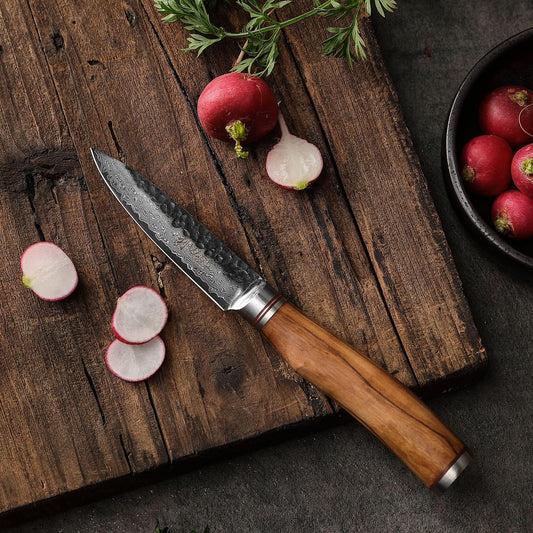 Wakoli Olive HS Office Knife & Paring Knife - 9.0cm blade made of 67 layers Damascus steel with VG10 core, hardness 60±2 HRC, hammered finish, olive wood handle - Damascus kitchen knife for precise cuts in wooden box.