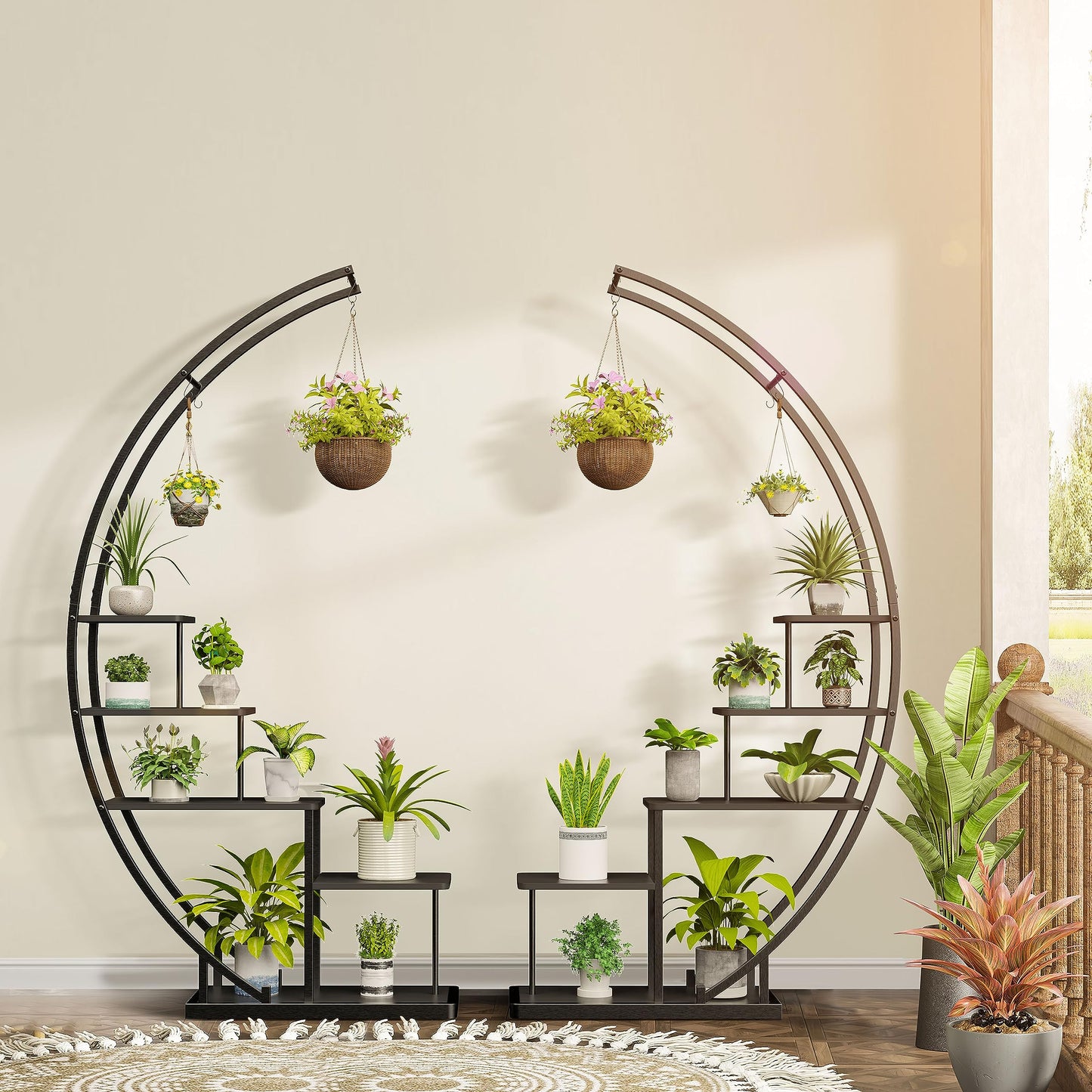 Rebel 5-tier metal plant stand in half-moon shape 172cm tall, plant shelf with 5 shelves & hooks, high flower stand plant ladder with tip protection for balcony living room patio (2 pieces, black)