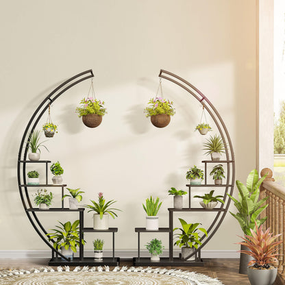 Rebel 5-tier metal plant stand in half-moon shape 172cm tall, plant shelf with 5 shelves & hooks, high flower stand plant ladder with tip protection for balcony living room patio (2 pieces, black)