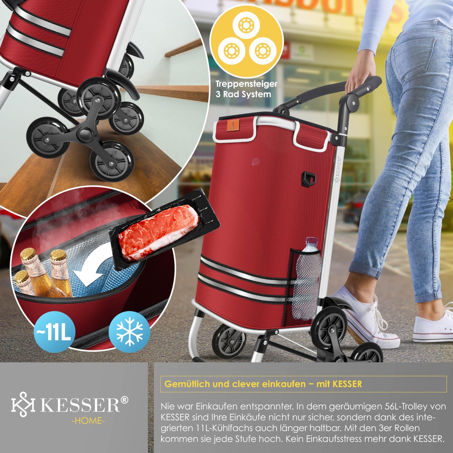 KESSER® Shopping Trolley Stair Climber with Cooler Compartment, foldable with 56L capacity and loadable up to 50kg | 3in1 trolley hand truck & shoulder bag | Foldable shopping cart including shopping chip, Bordeaux