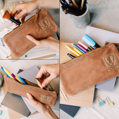Berlin Bags Vintage leather pencil case with YKK zipper, durable pen pouch for pencils and accessories - Brown.