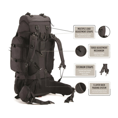 Tripole backpack Colonel 95 liters with detachable daypack - hiking, trekking, traveling, camping, waterproof, with breathable back panel, black.