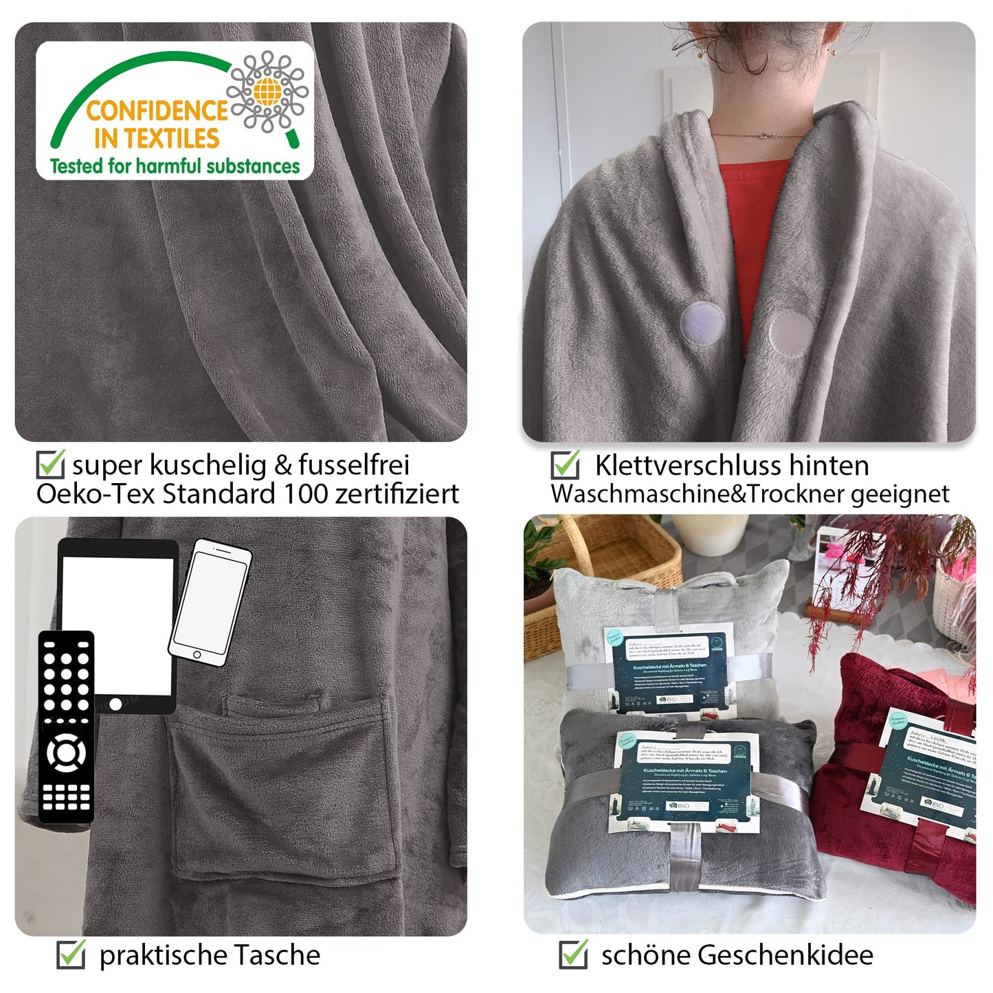 Gift for women for Christmas, snug blanket with sleeves, birthday present for mom, sofa blanket 150x200 cm (Dark gray)