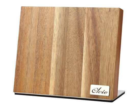 Oleio Magnetic Knife Block - Kitchen organizer made of acacia wood with magnetic strip for up to 6 knives - stainless steel base & non-slip pad - 3.8 cm thick knife block without knives - knife stand