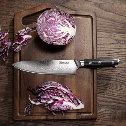 PAUDIN 8 inch Damascus Chef Knife, Kitchen Knife with Ergonomic G10 Handle, Sharp Japanese VG10 Steel Blade.