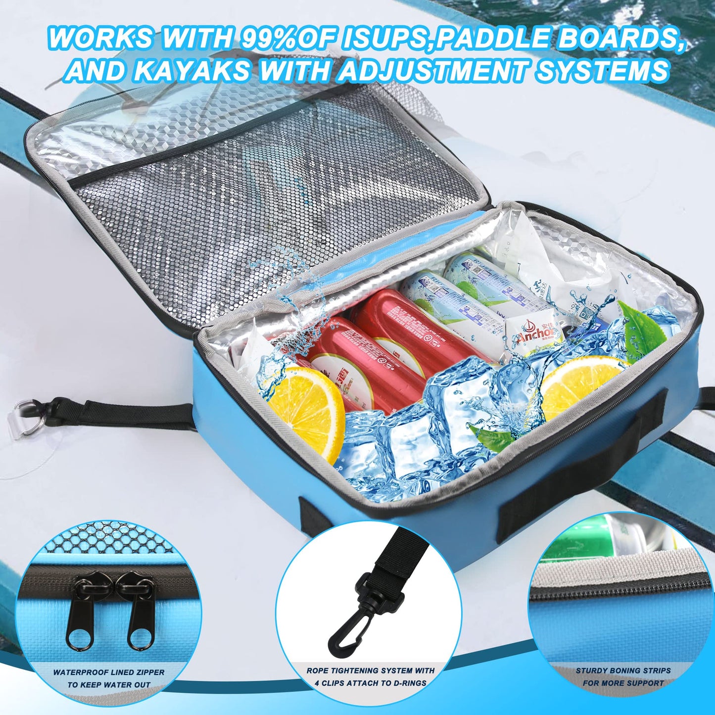 DCY BLUE SUP Cooler, waterproof deck bag, paddle board cooler with side handle, shoulder strap, top mesh pocket, deck accessory, excellent gift for water sports enthusiasts (blue)