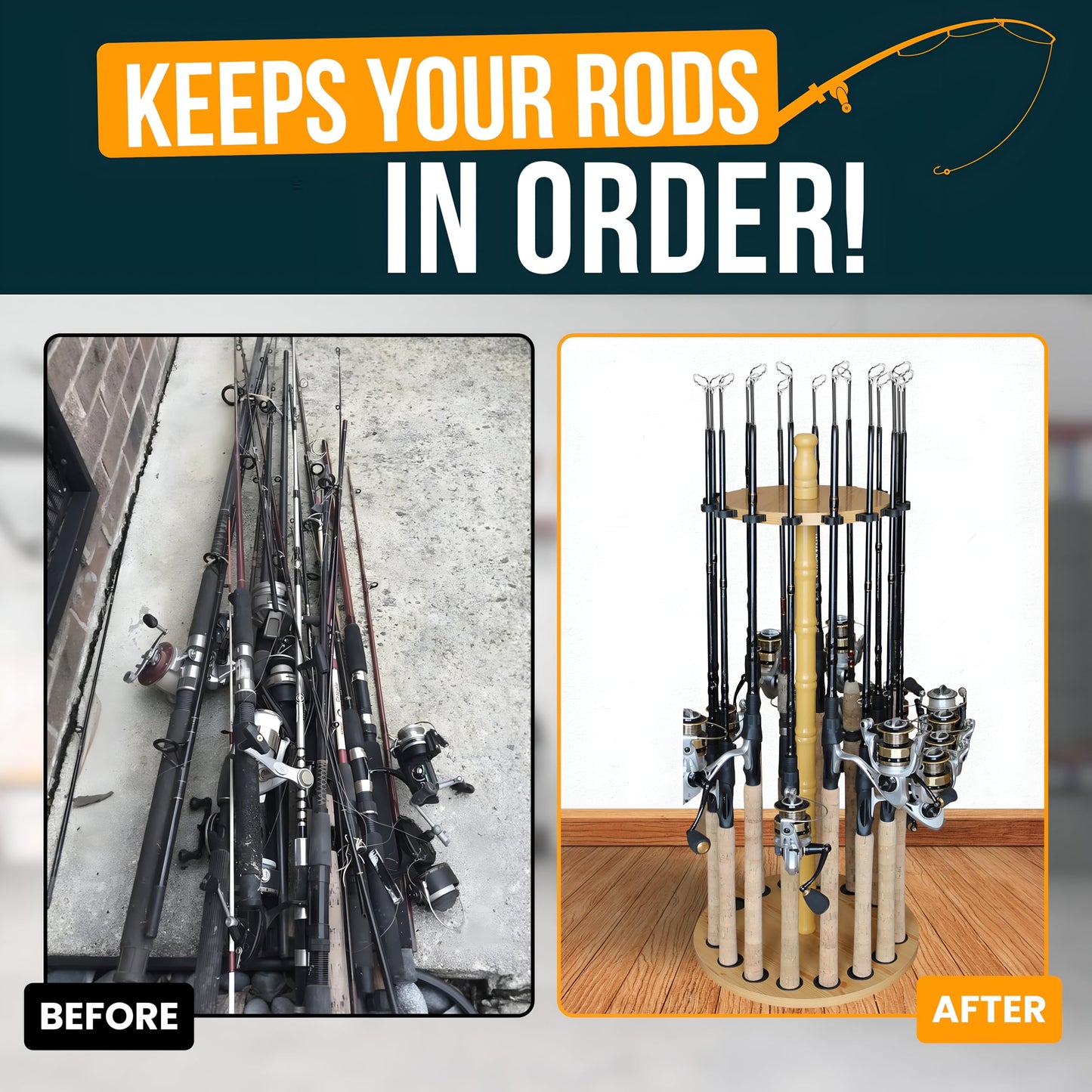 Rush Creek Creations fishing rod holder for garage, fishing rod rack, floor stand for up to 16 rods, fishing gear, storage organizer, fishing gifts for men, 24 rods, light wood