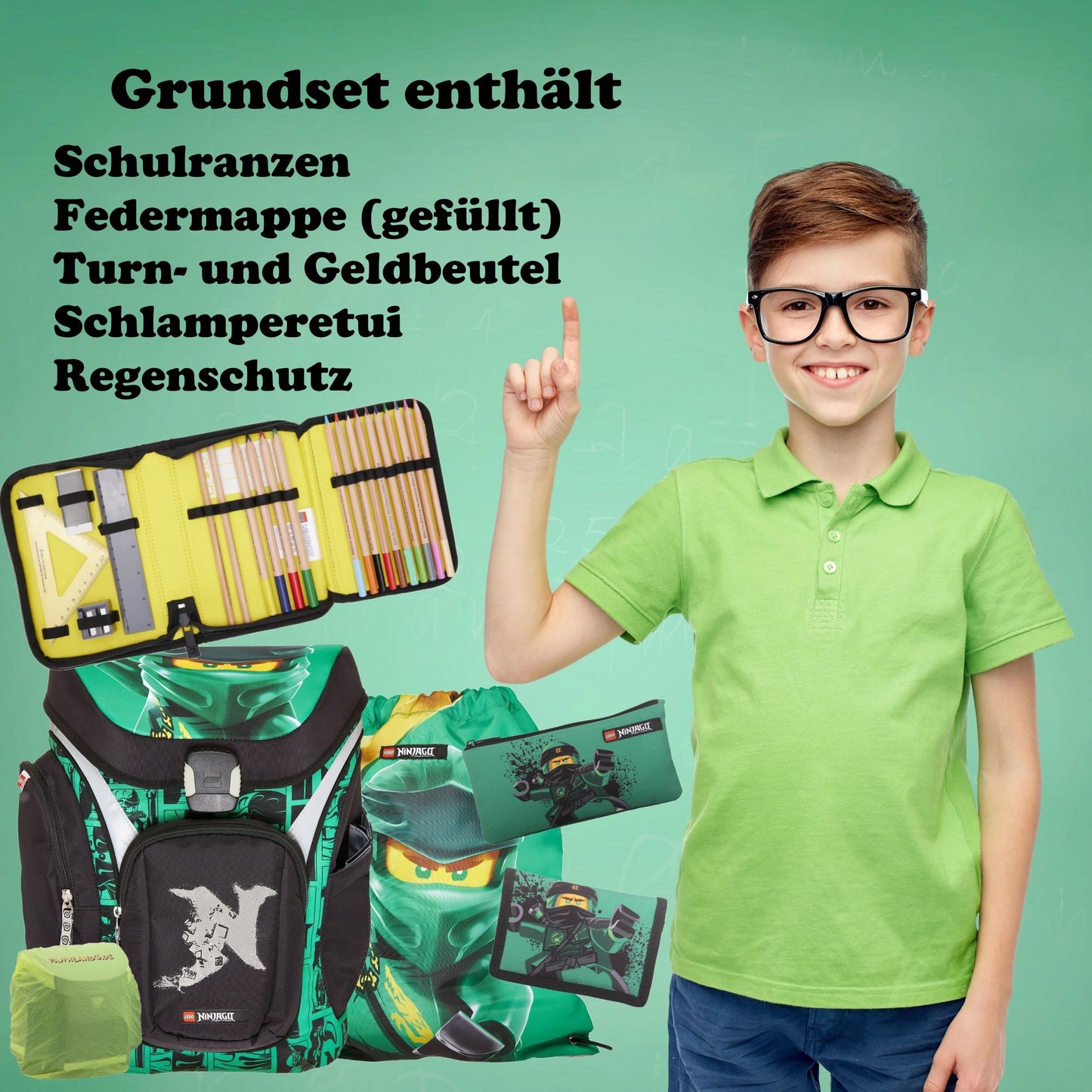 Familando Ninjago school bag set for boys with school cone 85 cm and gym bag - ergonomic, sturdy - 16 L volume, water repellent - With chest and hip belt - Complete set for 1st grade elementary school.