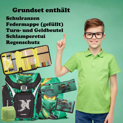 Familando Ninjago school bag set for boys with school cone 85 cm and gym bag - ergonomic, sturdy - 16 L volume, water repellent - With chest and hip belt - Complete set for 1st grade elementary school.