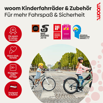 woom GLUG stainless steel bottle with bottle holder, 500ml capacity, spill-proof, designed for kids' bikes, in silver with logo.